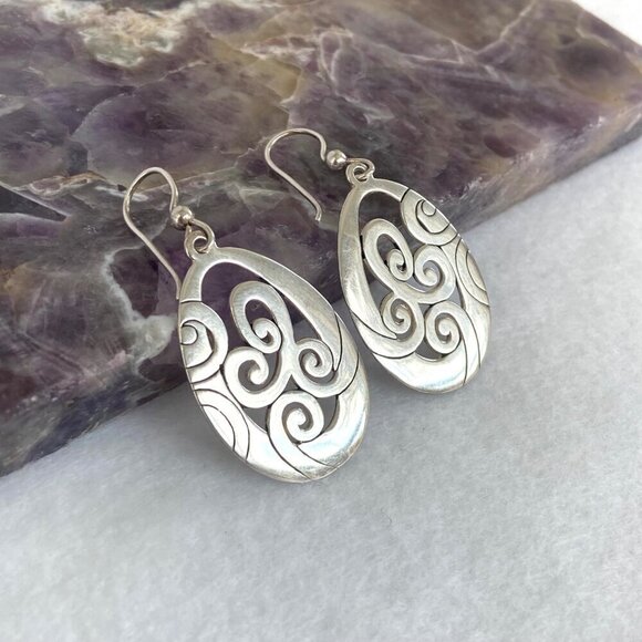 Solid Sterling Silver 925 Thailand Open Scrollwork Teardrop Dangle Drop Earrings - Picture 7 of 16